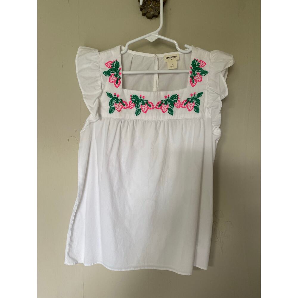 Crewcuts White Cotton Poplin Embroidered Strawberries Ruffle Sleeve Tank 8